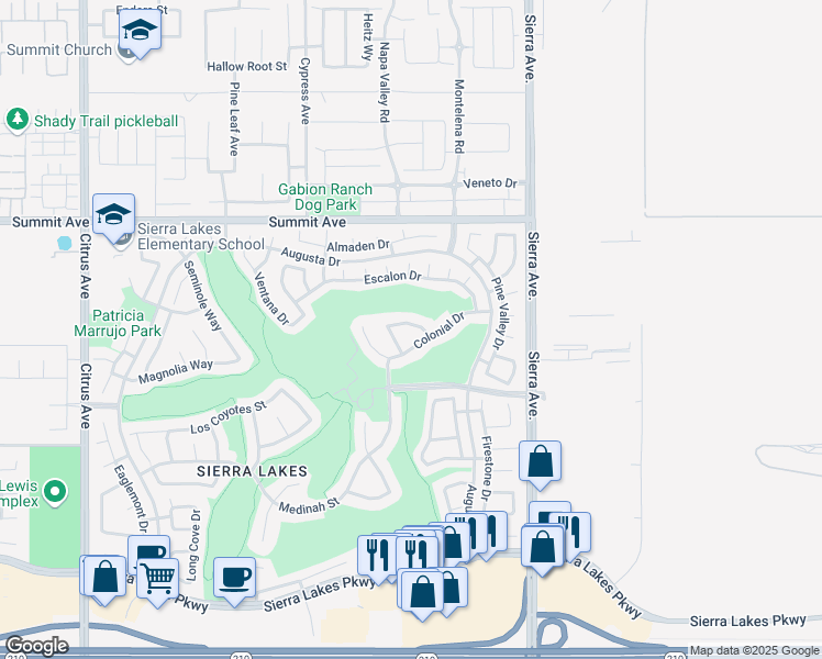 map of restaurants, bars, coffee shops, grocery stores, and more near 16687 Baywood Lane in Fontana