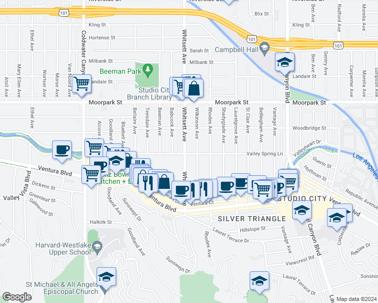 map of restaurants, bars, coffee shops, grocery stores, and more near 4202 Whitsett Avenue in Los Angeles