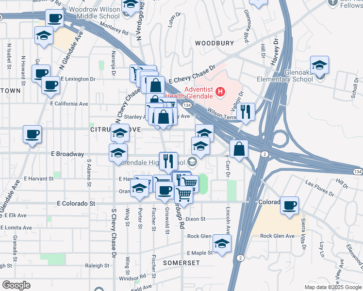 map of restaurants, bars, coffee shops, grocery stores, and more near 1432 Barrington Way in Glendale