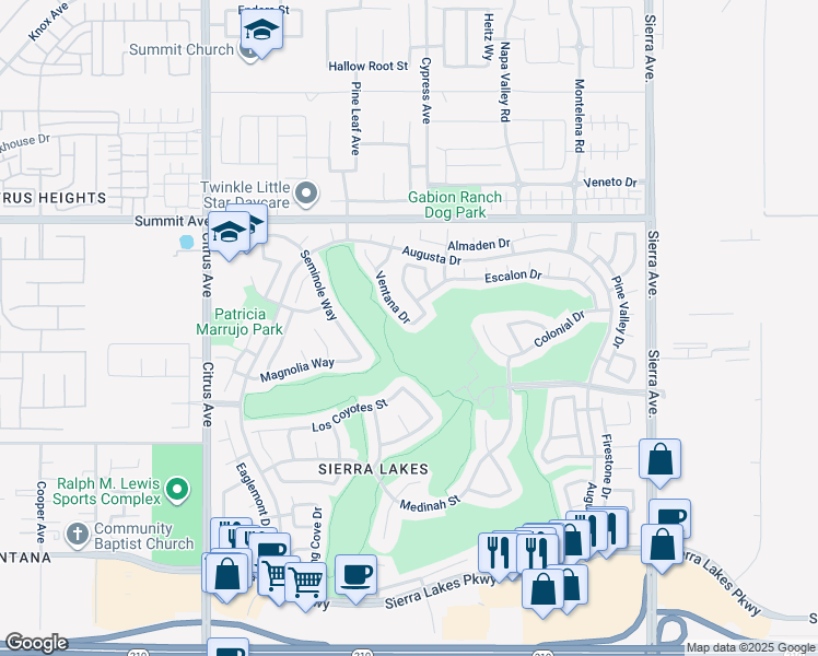 map of restaurants, bars, coffee shops, grocery stores, and more near 5890 Ventana Drive in Fontana