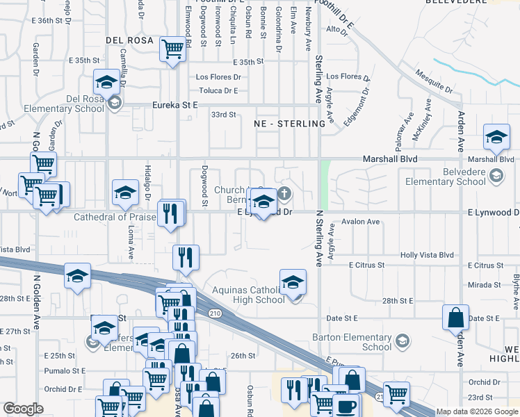 map of restaurants, bars, coffee shops, grocery stores, and more near 5856 Merito Avenue in San Bernardino