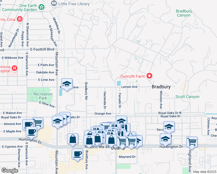 map of restaurants, bars, coffee shops, grocery stores, and more near 245 Barranca Road in Bradbury