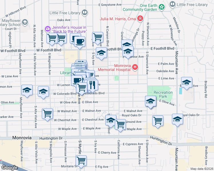 map of restaurants, bars, coffee shops, grocery stores, and more near 228 East Lime Avenue in Monrovia