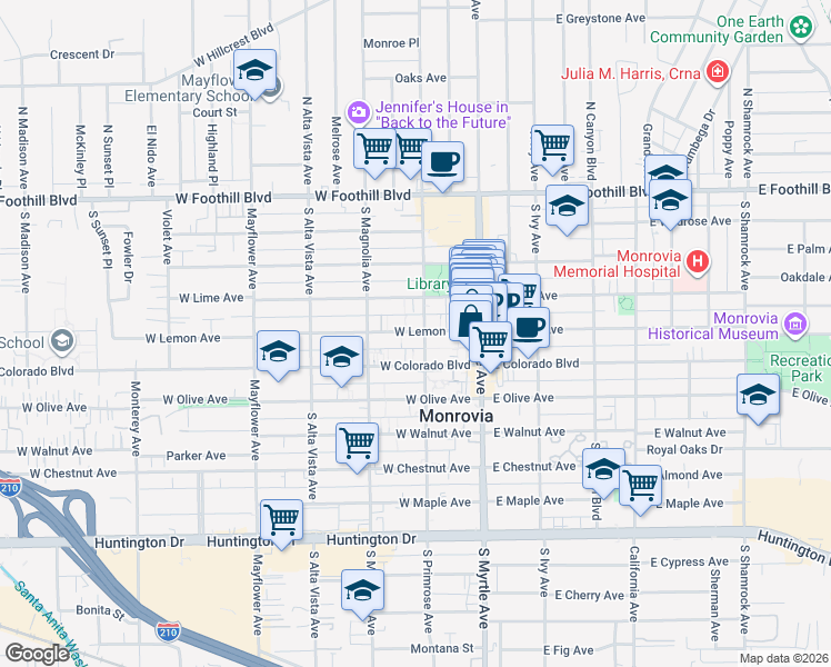 map of restaurants, bars, coffee shops, grocery stores, and more near 415 South Primrose Avenue in Monrovia