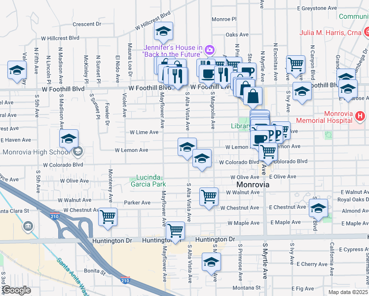 map of restaurants, bars, coffee shops, grocery stores, and more near 411 South Alta Vista Avenue in Monrovia