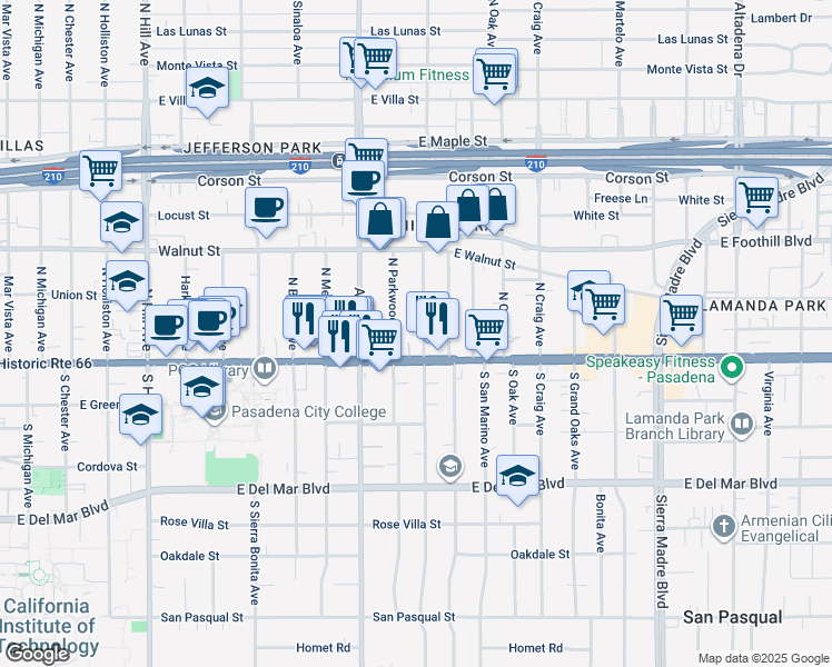 map of restaurants, bars, coffee shops, grocery stores, and more near 74 North Parkwood Avenue in Pasadena