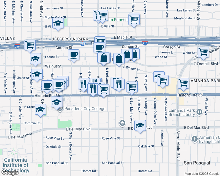 map of restaurants, bars, coffee shops, grocery stores, and more near 74 North Parkwood Avenue in Pasadena
