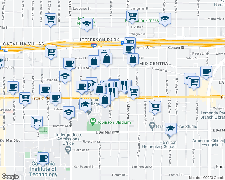 map of restaurants, bars, coffee shops, grocery stores, and more near 77 North Bonnie Avenue in Pasadena
