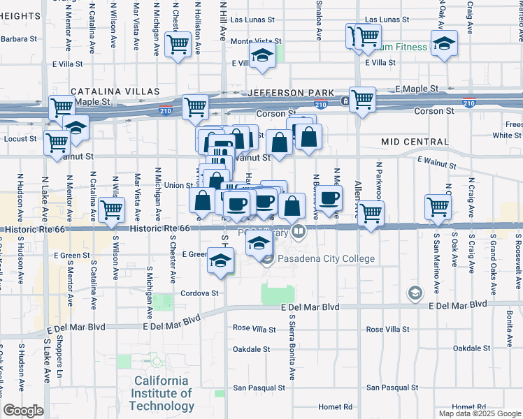map of restaurants, bars, coffee shops, grocery stores, and more near 69 Marion Avenue in Pasadena