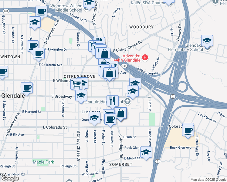 map of restaurants, bars, coffee shops, grocery stores, and more near 1415 Barrington Way in Glendale
