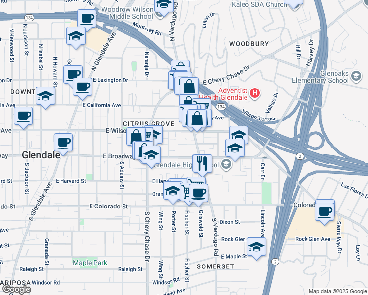 map of restaurants, bars, coffee shops, grocery stores, and more near 135 North Verdugo Road in Glendale