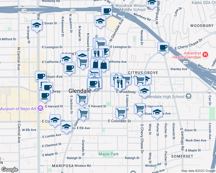 map of restaurants, bars, coffee shops, grocery stores, and more near 128 North Everett Street in Glendale