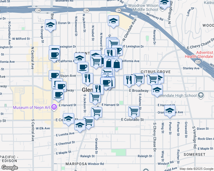 map of restaurants, bars, coffee shops, grocery stores, and more near 132 North Glendale Avenue in Glendale