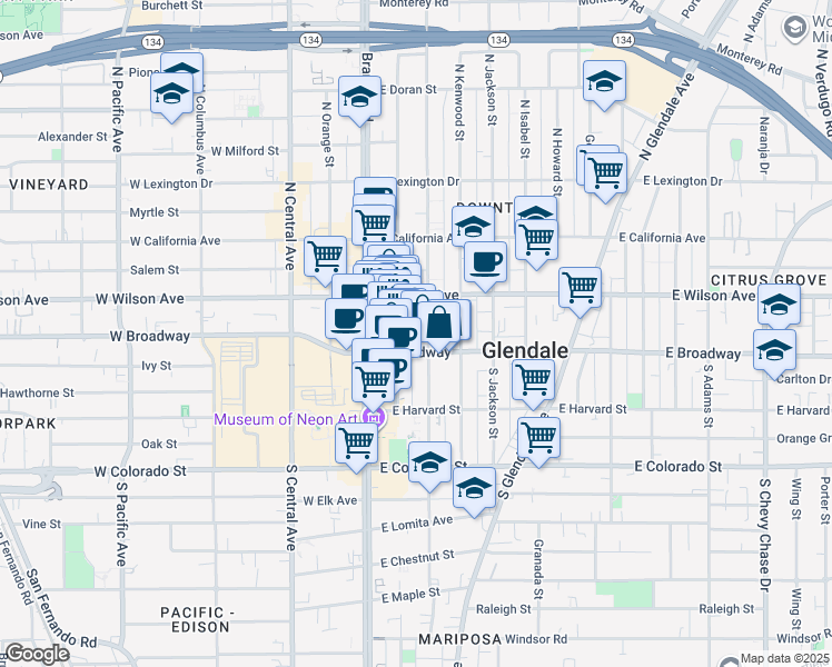 map of restaurants, bars, coffee shops, grocery stores, and more near 140 North Louise Street in Glendale