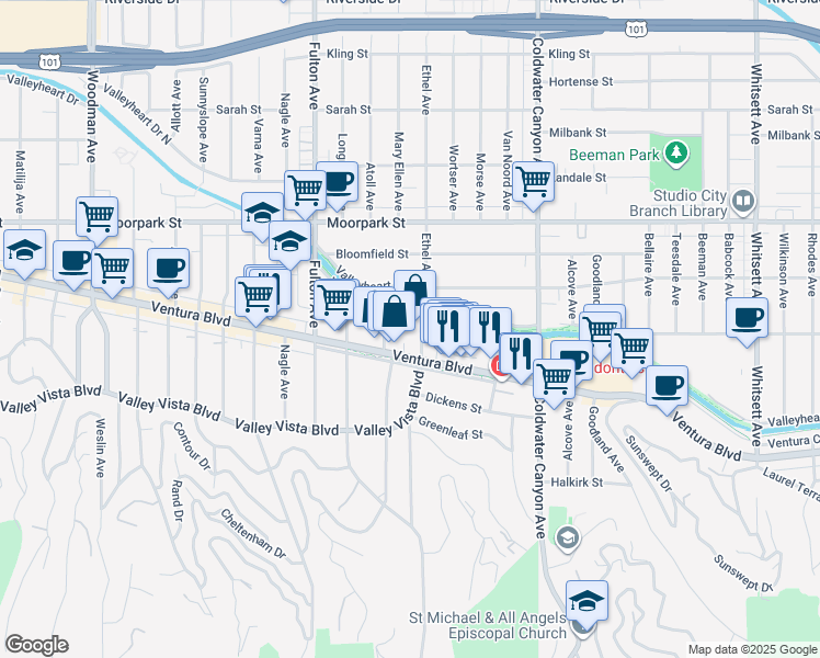 map of restaurants, bars, coffee shops, grocery stores, and more near 13112 Valleyheart Drive in Los Angeles