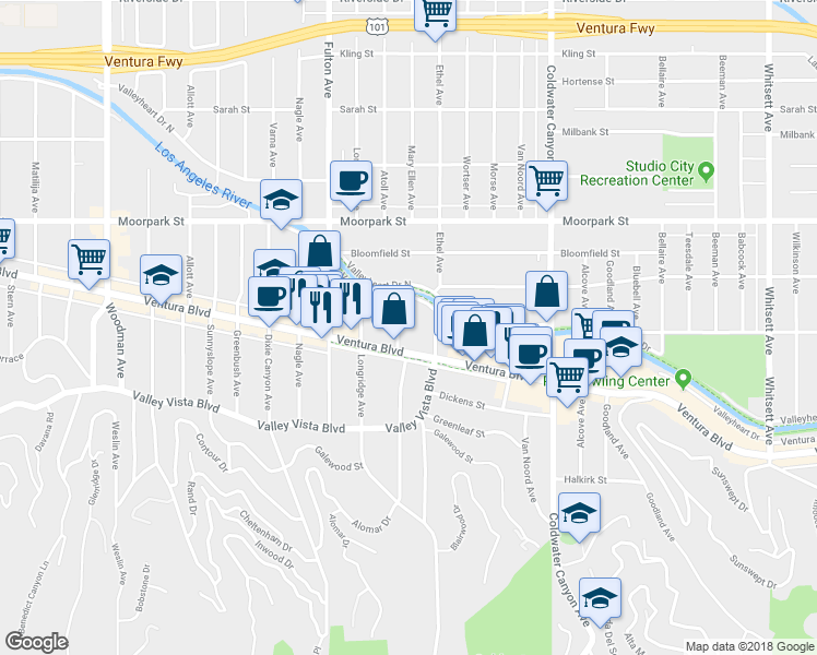 map of restaurants, bars, coffee shops, grocery stores, and more near 13112 Valleyheart Drive in Los Angeles
