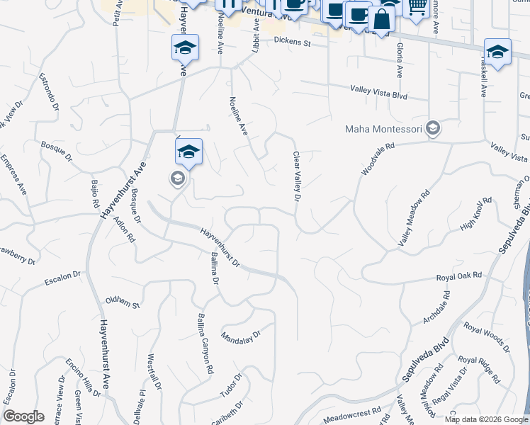 map of restaurants, bars, coffee shops, grocery stores, and more near 16301 Meadowridge Way in Los Angeles