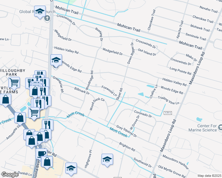 map of restaurants, bars, coffee shops, grocery stores, and more near 5007 Laurenbridge Lane in Wilmington