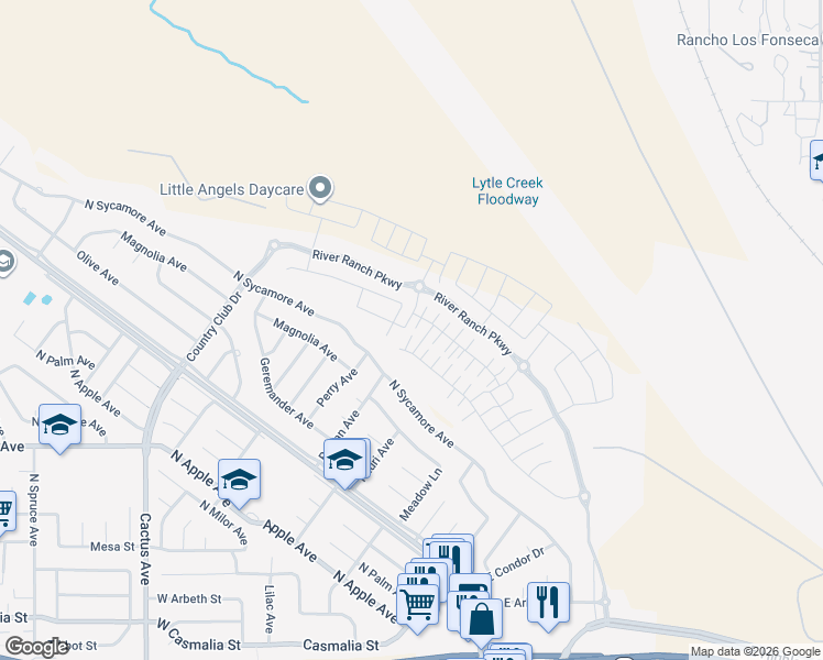 map of restaurants, bars, coffee shops, grocery stores, and more near 2544 Gunner Ridge Way in Rialto