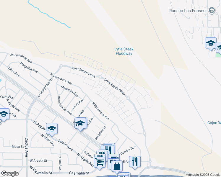 map of restaurants, bars, coffee shops, grocery stores, and more near 2511 Gunner Ridge Way in Rialto