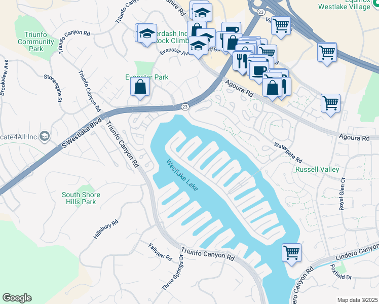 map of restaurants, bars, coffee shops, grocery stores, and more near 1340 Bluesail Circle in Westlake Village