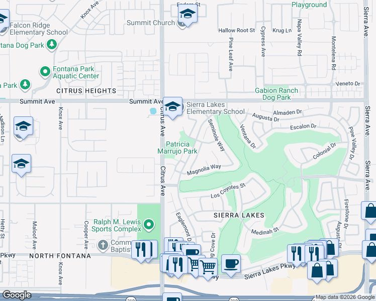map of restaurants, bars, coffee shops, grocery stores, and more near 5891 Forest Oaks Place in Fontana