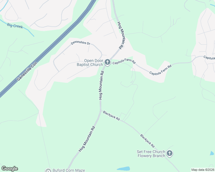 map of restaurants, bars, coffee shops, grocery stores, and more near 5555 Hog Mountain Road in Flowery Branch