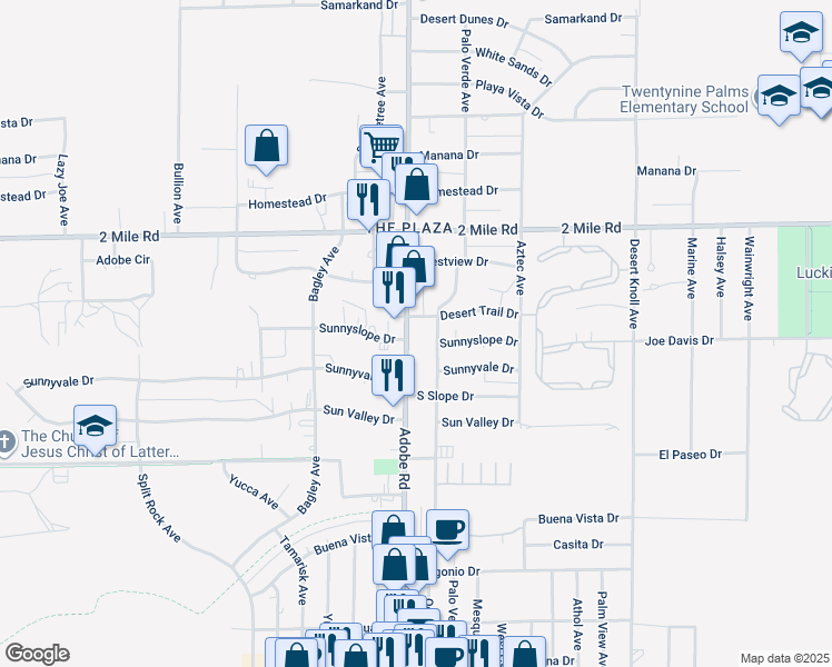 map of restaurants, bars, coffee shops, grocery stores, and more near Adobe Road in Twentynine Palms