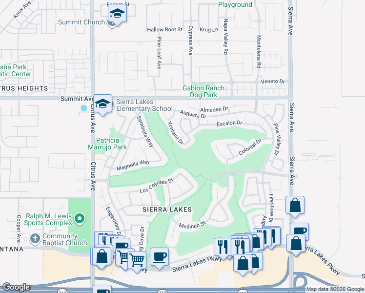 map of restaurants, bars, coffee shops, grocery stores, and more near 5871 Ventana Drive in Fontana