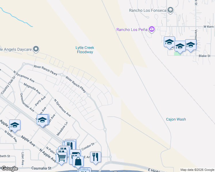 map of restaurants, bars, coffee shops, grocery stores, and more near 2429 Crater Avenue in Rialto