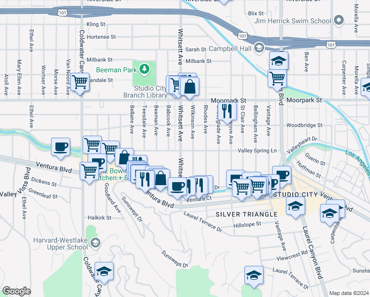 map of restaurants, bars, coffee shops, grocery stores, and more near 4202 Whitsett Avenue in Los Angeles