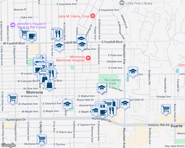map of restaurants, bars, coffee shops, grocery stores, and more near 604 East Lemon Avenue in Monrovia