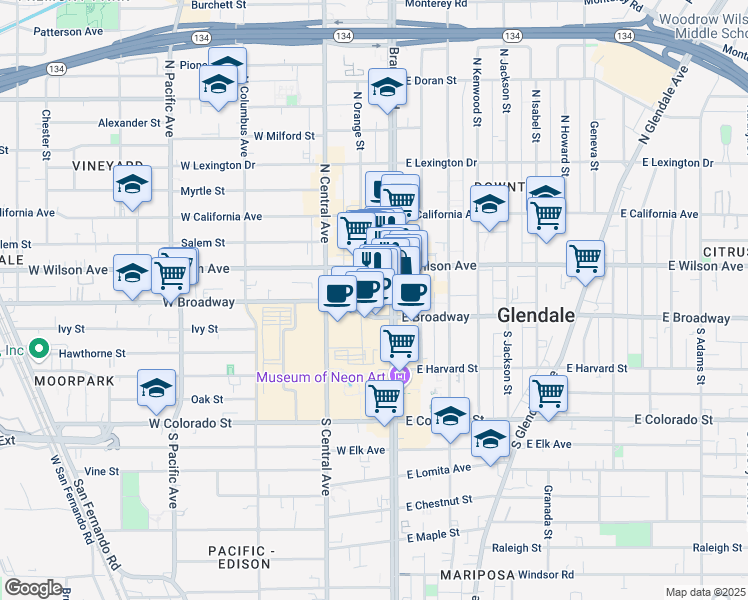 map of restaurants, bars, coffee shops, grocery stores, and more near 101 North Brand Boulevard in Glendale