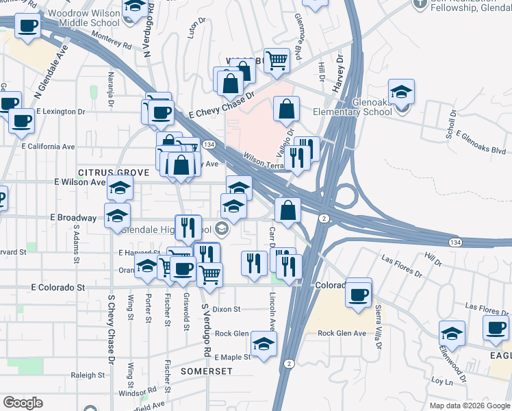 map of restaurants, bars, coffee shops, grocery stores, and more near 1538 East Wilson Avenue in Glendale