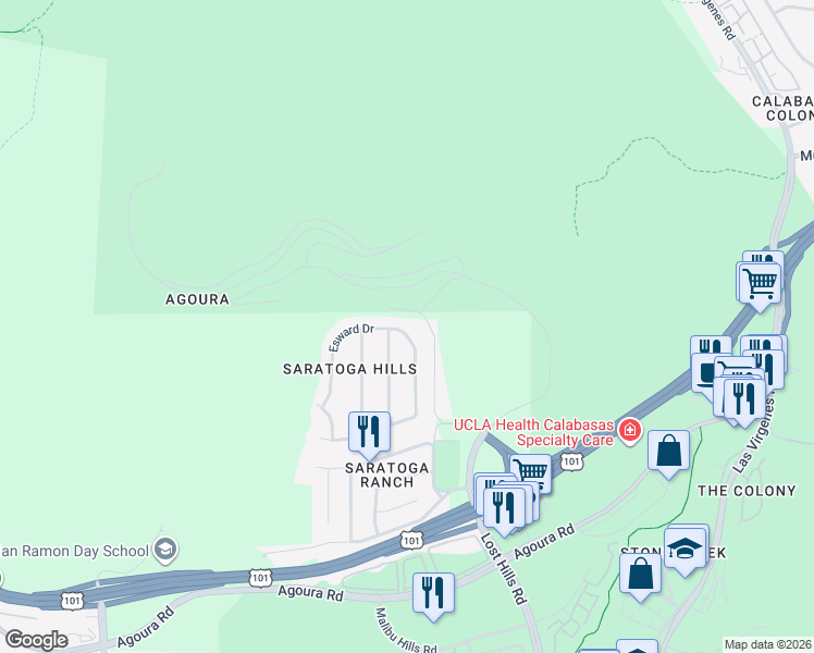 map of restaurants, bars, coffee shops, grocery stores, and more near 5340 Edgeware Drive in Agoura Hills