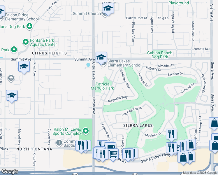 map of restaurants, bars, coffee shops, grocery stores, and more near 5891 Forest Oaks Place in Fontana