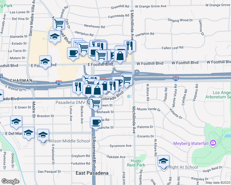 map of restaurants, bars, coffee shops, grocery stores, and more near 3813 East Colorado Boulevard in Pasadena