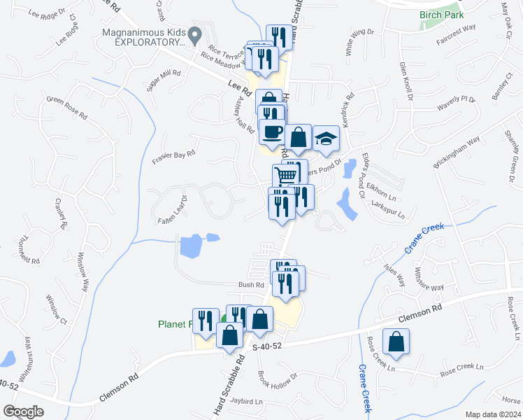 map of restaurants, bars, coffee shops, grocery stores, and more near 116 Brandon Hall Road in Columbia