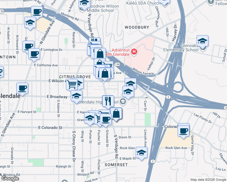 map of restaurants, bars, coffee shops, grocery stores, and more near 1420 Barrington Way in Glendale