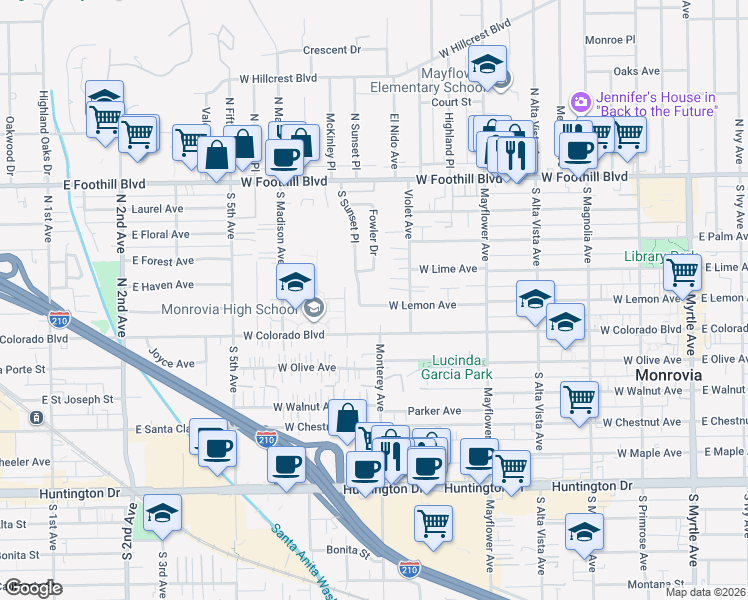 map of restaurants, bars, coffee shops, grocery stores, and more near 735 West Lemon Avenue in Monrovia