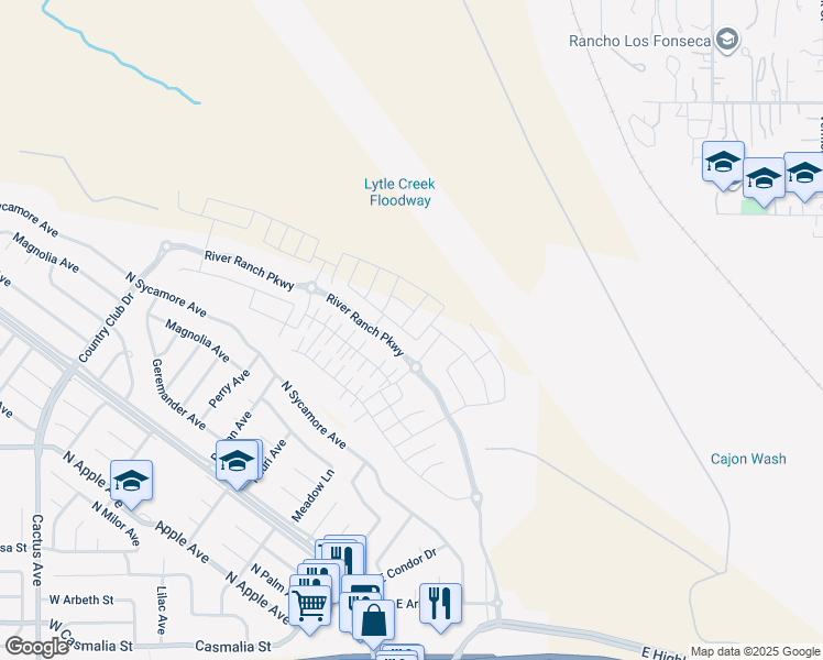 map of restaurants, bars, coffee shops, grocery stores, and more near 519 Tucker Avenue in Rialto