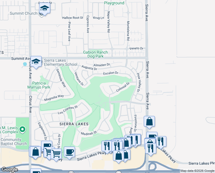 map of restaurants, bars, coffee shops, grocery stores, and more near 16594 Colonial Drive in Fontana