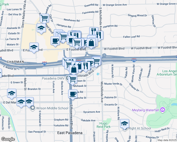 map of restaurants, bars, coffee shops, grocery stores, and more near 3842 East Walnut Street in Pasadena