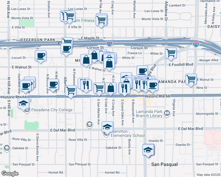 map of restaurants, bars, coffee shops, grocery stores, and more near 64 North Oak Avenue in Pasadena