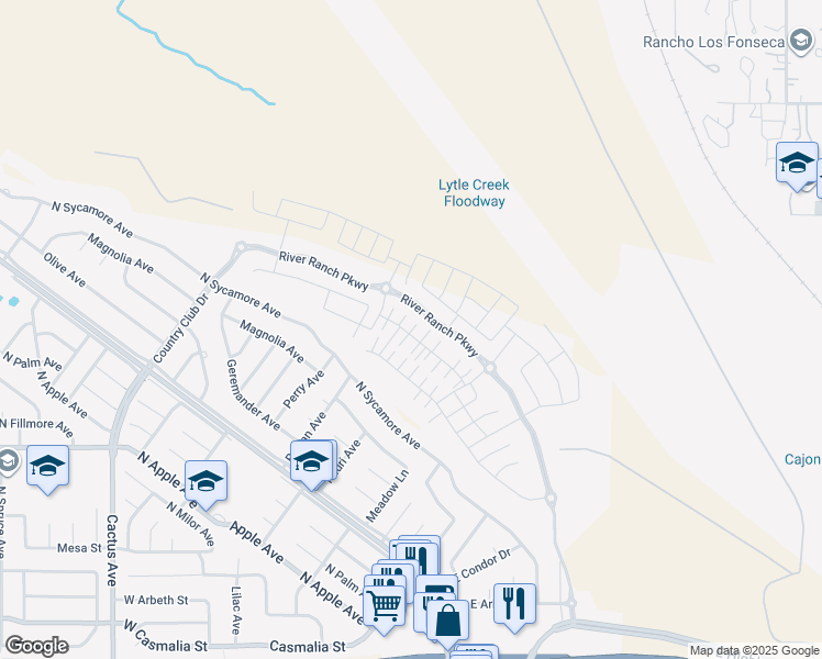 map of restaurants, bars, coffee shops, grocery stores, and more near 2518 Gunner Ridge Way in Rialto