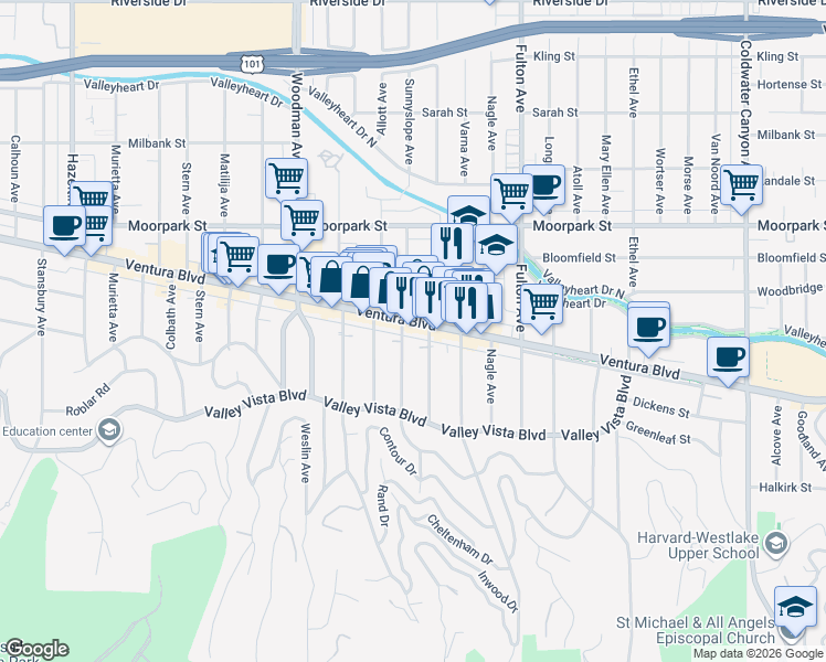 map of restaurants, bars, coffee shops, grocery stores, and more near 13452 Ventura Boulevard in Los Angeles
