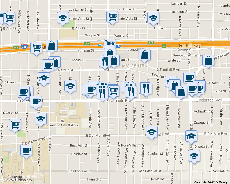 map of restaurants, bars, coffee shops, grocery stores, and more near in Pasadena