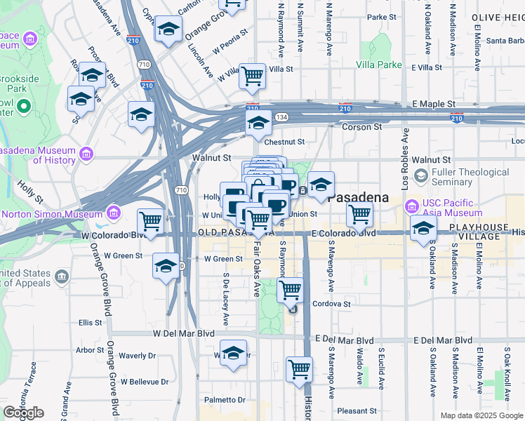 map of restaurants, bars, coffee shops, grocery stores, and more near 4 East Holly Street in Pasadena