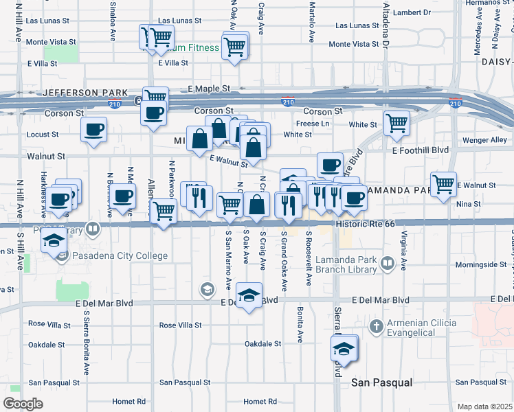 map of restaurants, bars, coffee shops, grocery stores, and more near 47 North Craig Avenue in Pasadena