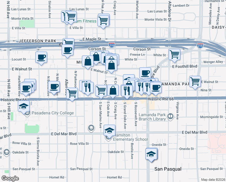 map of restaurants, bars, coffee shops, grocery stores, and more near 47 North Craig Avenue in Pasadena